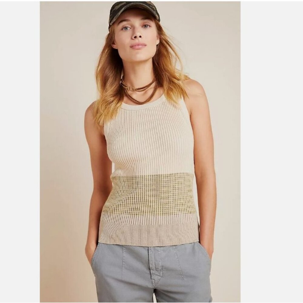 Anthropologie Jo Ribbed Knit Striped Sweater Tank Top Beige Ombre Size Medium